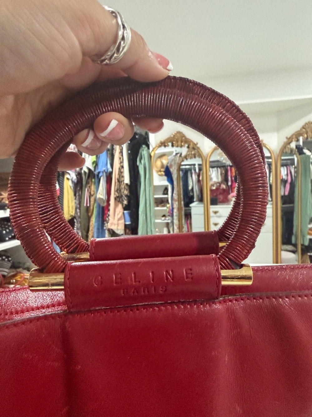 Celine Red Leather Wrapped-Handle Satchel - Picture 8 of 9